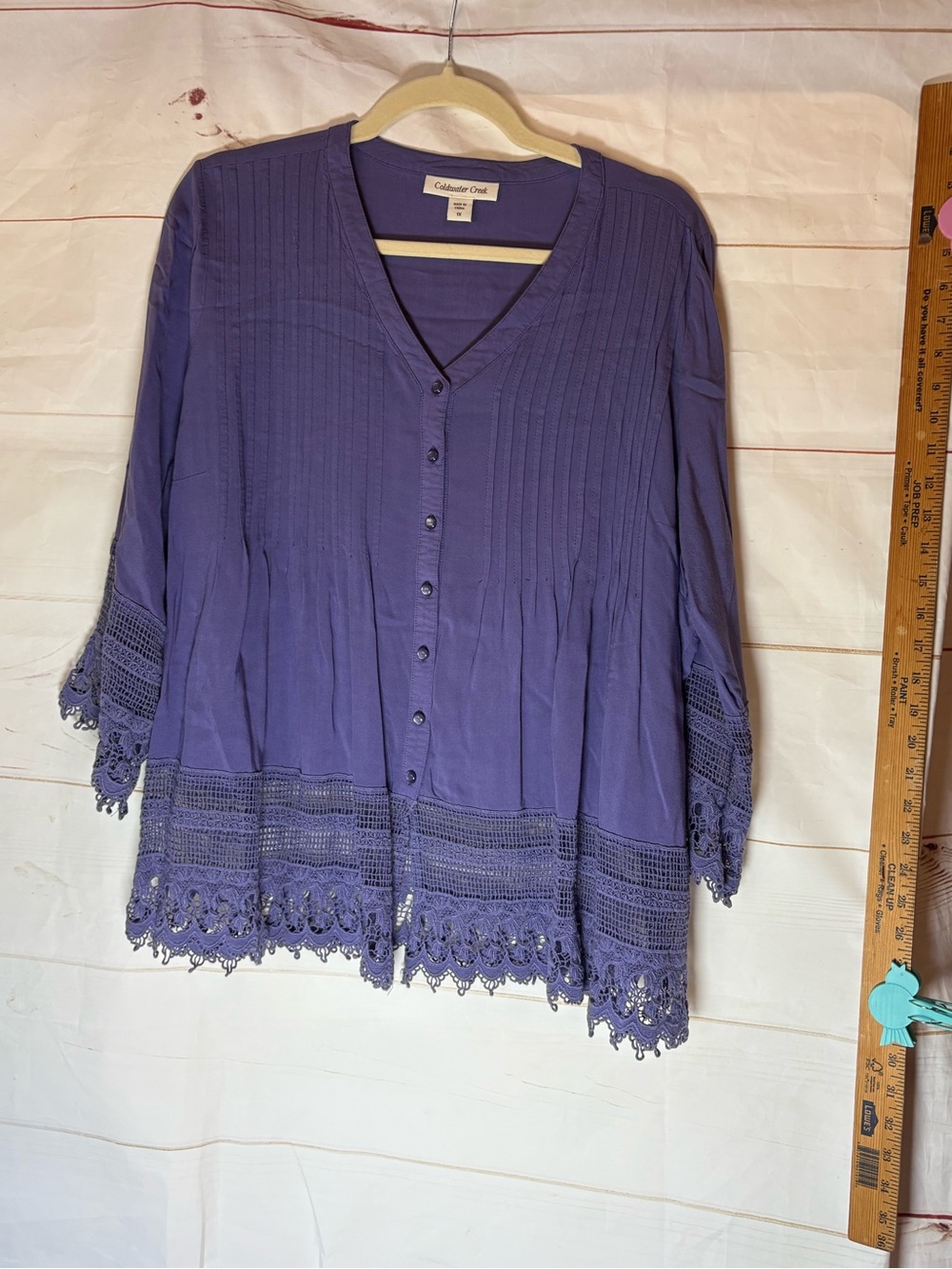 Coldwater Creek Purple Button-Front Crochet Hem Blouse